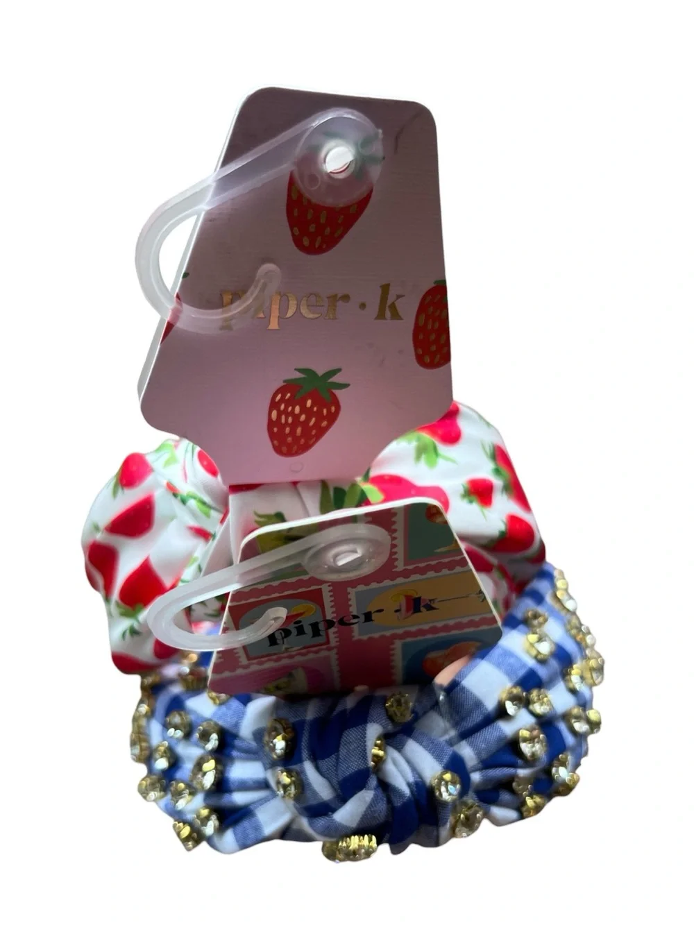 Piper K Pair of Headbands Blue White Gingham Rhinestones & A Strawberry Print